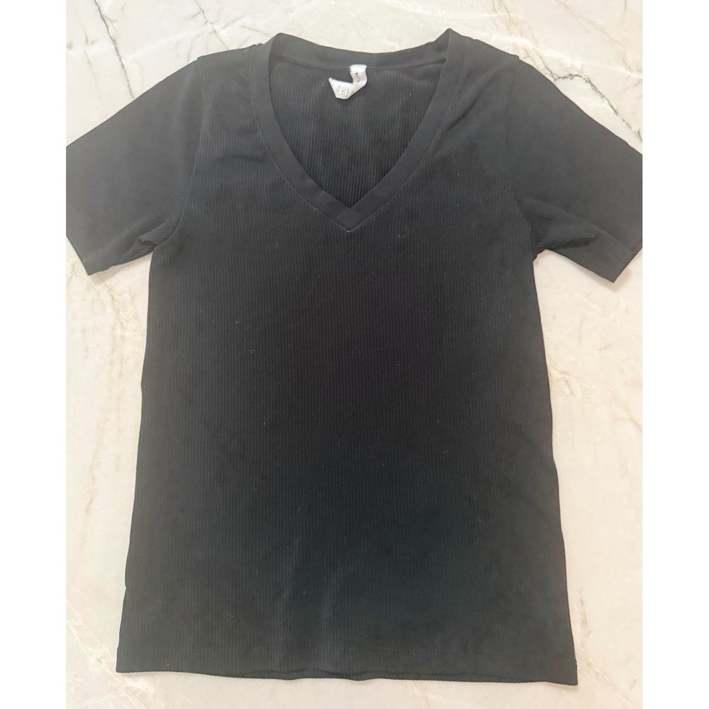 Athleta Renew V-Neck Tee Black Ribbed Short Sleeve Performance Top Womens Size M